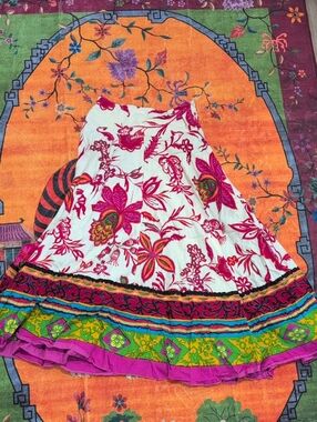 Soft Surroundings White Skirt with Pink Floral & Multicolor Tier Trim